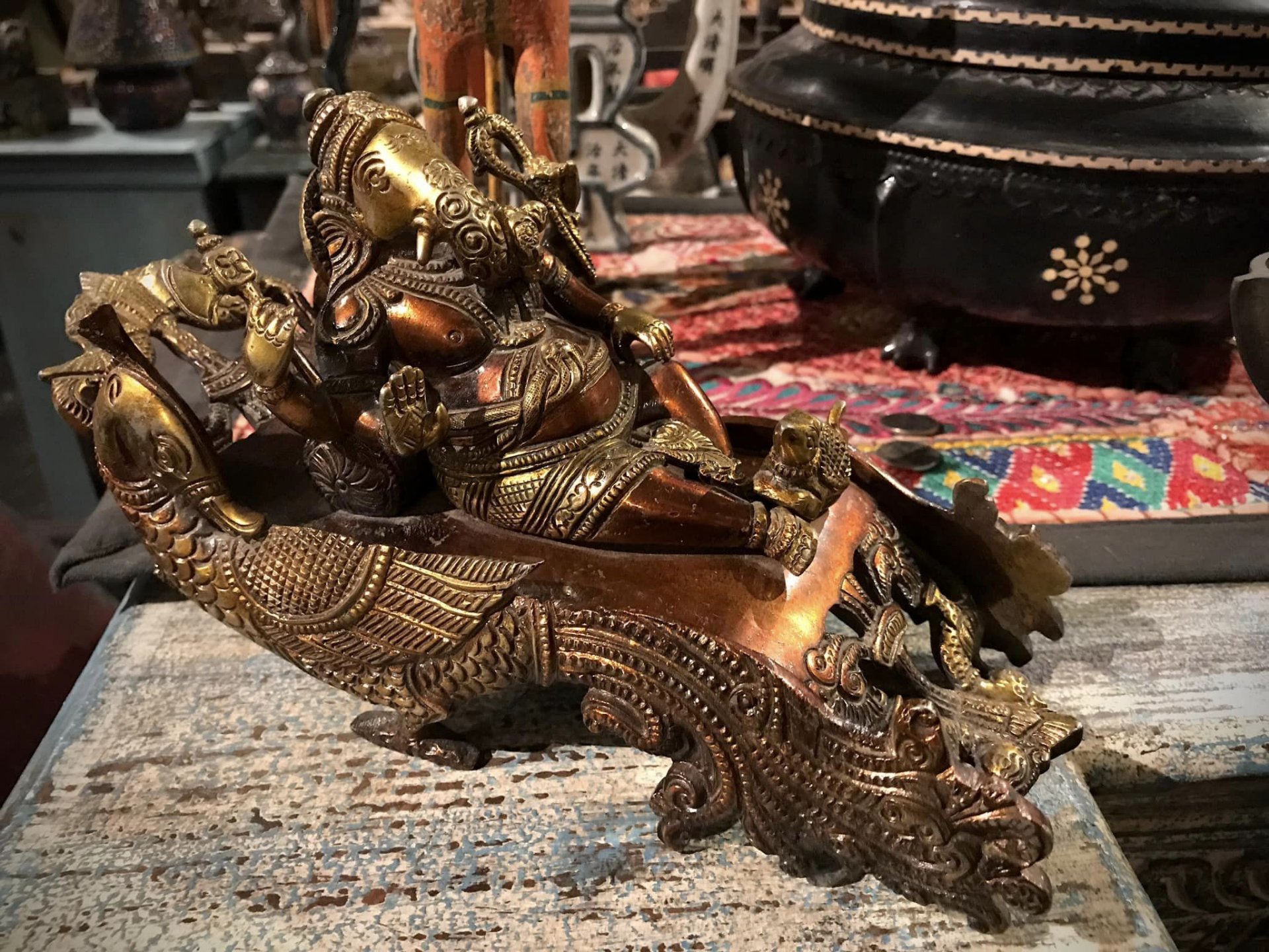 Ganesha Sitting in Peacock Throne Brass Statue