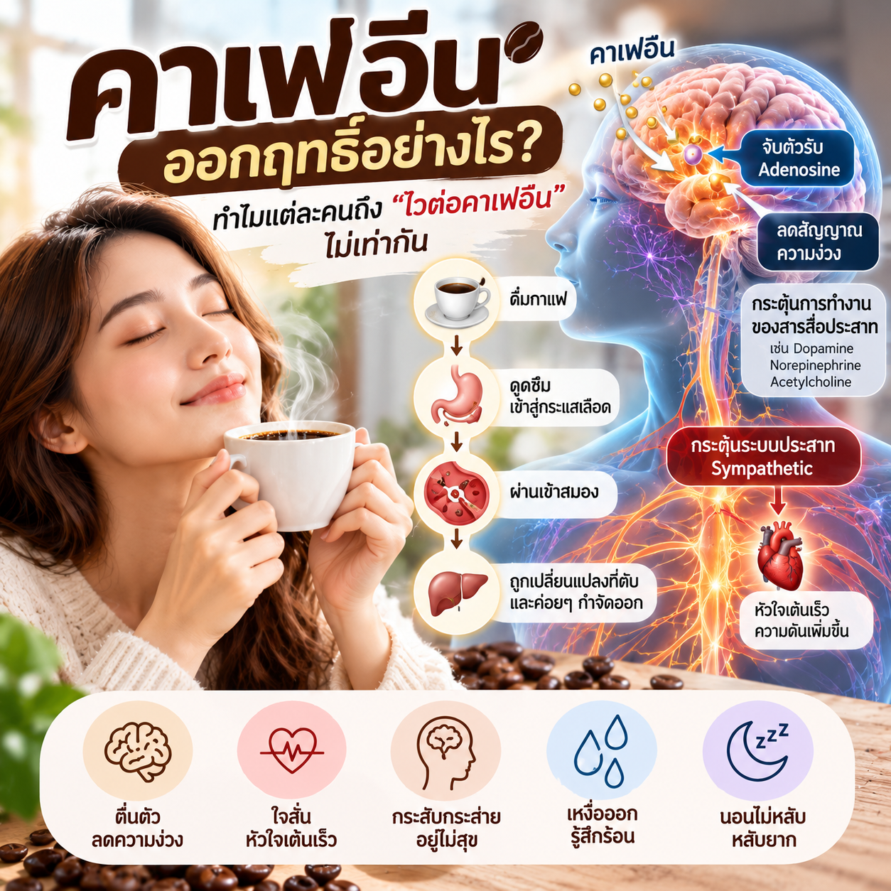 คาเฟอีนออกฤทธิ์อย่างไร? ตั้งแต่จิบกาแฟจนทำให้ใจสั่น กระสับกระส่าย และนอนไม่หลับ