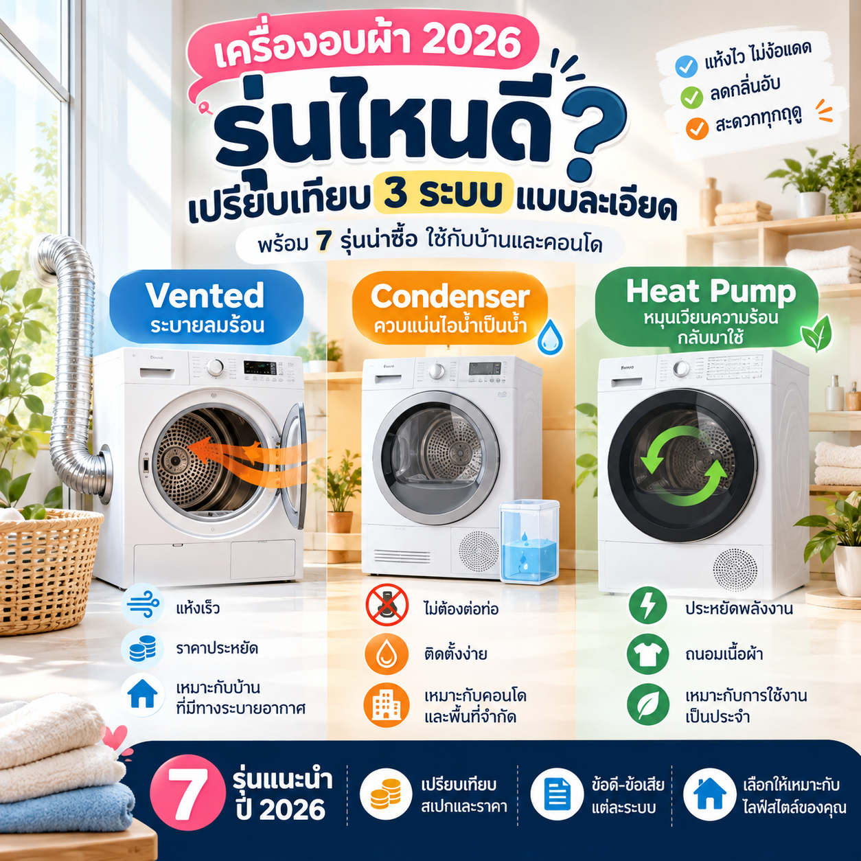 เครื่องอบผ้า 2026 รุ่นไหนดี? เปรียบเทียบ 3 ระบบ พร้อม 5 รุ่นน่าซื้อ