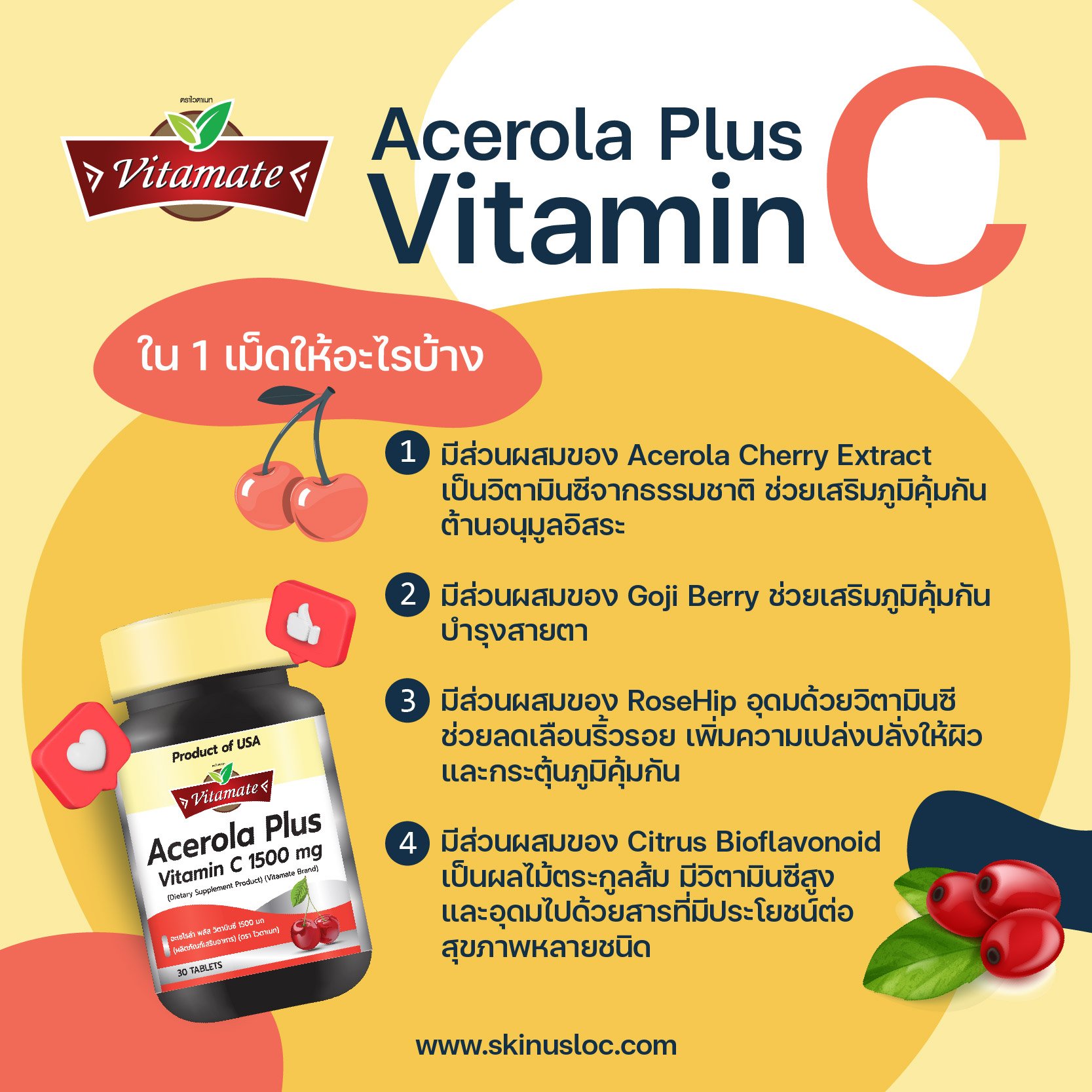 Vitamate Acerola Plus Vitamin C  ใน 1 เม็ดให้อะไรบ้าง