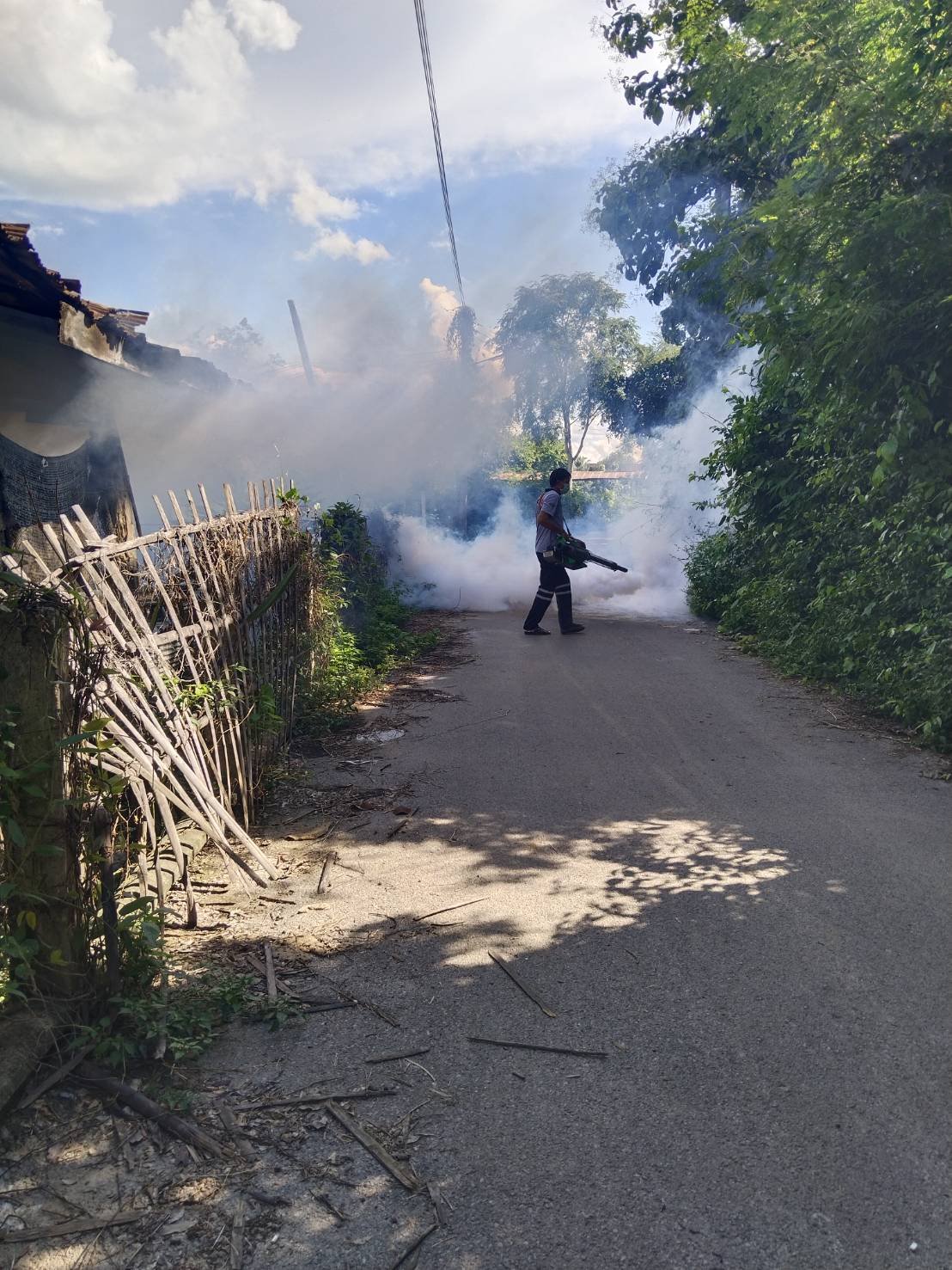 พ่นหมอกควันป้องกันโรคไข้เลือดออก หมู่1 บ้านป่าซางน้อย - หัวฝาย ตำบลบ้านแป้น  อำเภอเมือง จังหวัดลำพูน