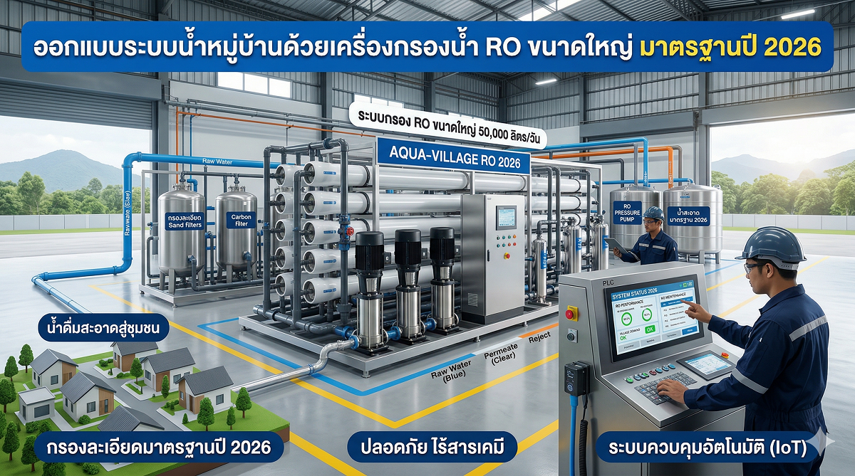 ออกแบบระบบน้ำหมู่บ้านด้วยเครื่องกรองน้ำ RO ขนาดใหญ่ มาตรฐานปี 2026