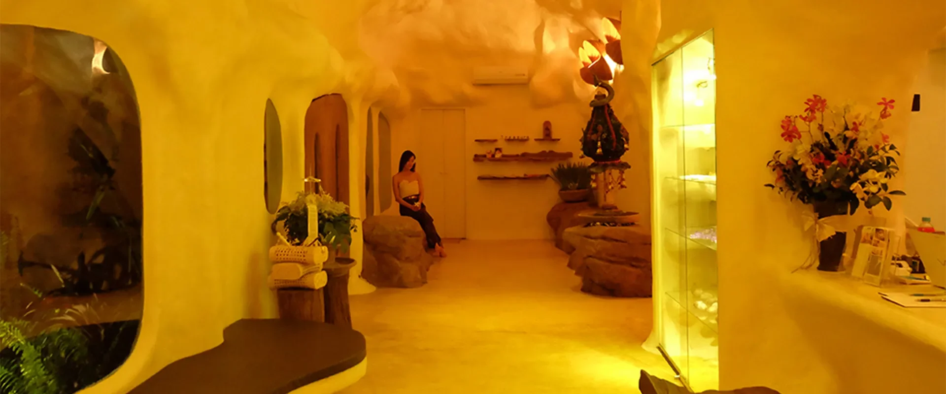 Elegant reception lobby at Srimantra Spa featuring cave-inspired luxury design in Chiang Mai