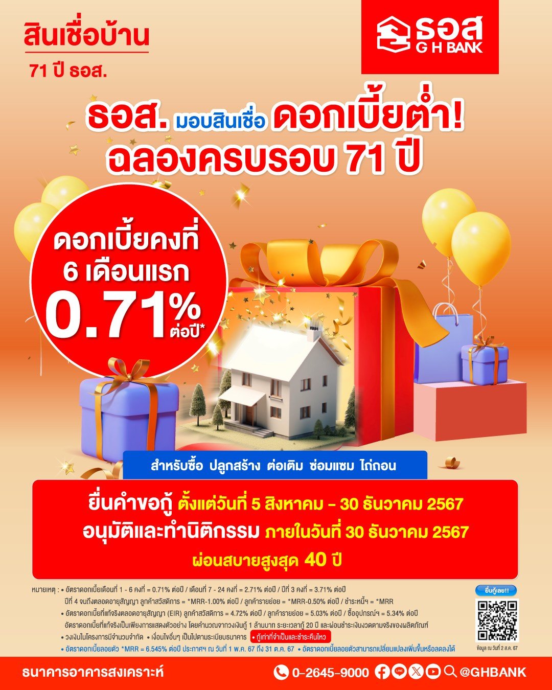 ธอส. ฉลองครบรอบ 71 ปี มอบสินเชื่อบ้านดอกเบี้ยต่ำคงที่ 6 เดือนแรกเพียง 0.71% ต่อปี ธอส. ฉลองครบรอบ 71 ปี มอบสินเชื่อบ้านดอกเบี้ยต่ำคงที่ 6 เดือนแรกเพียง 0.71% ต่อปี