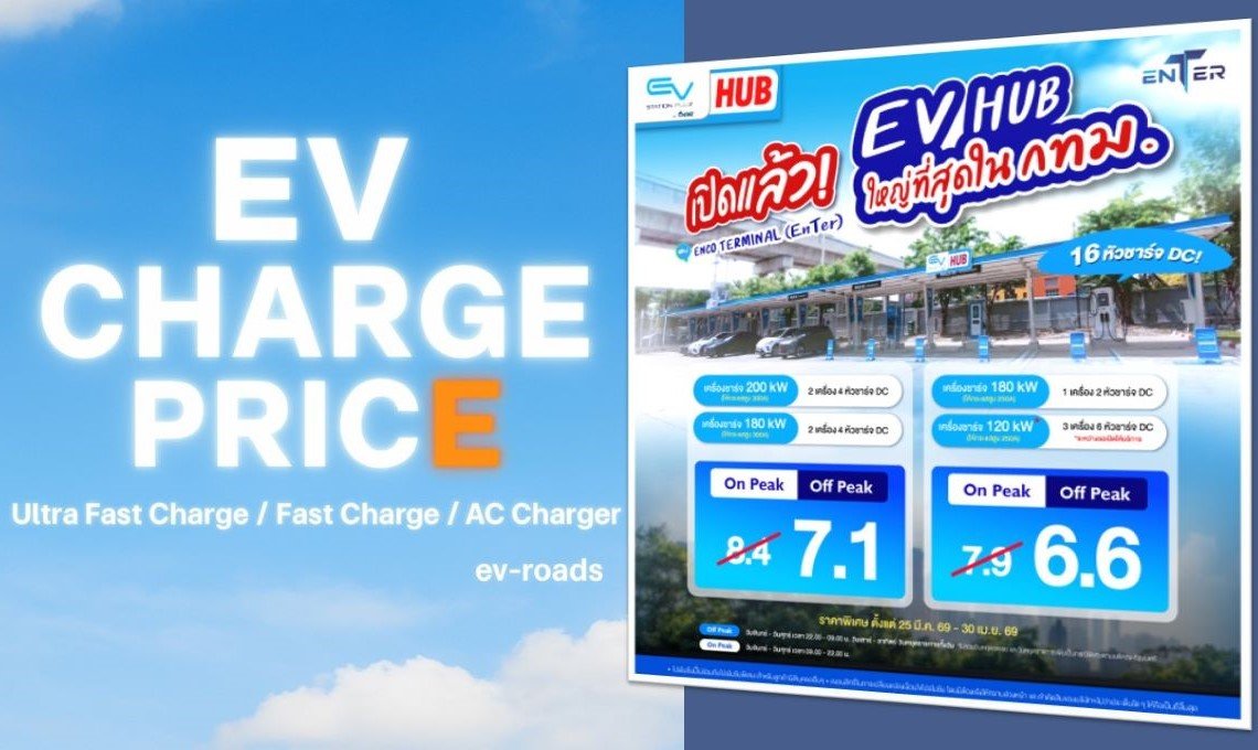 EV HUB EnTer เปิดตัวแรง จัดโปรราคา Off Peak ตลอด 24 ชม. เพียง 6.6 บาท/หน่วย
