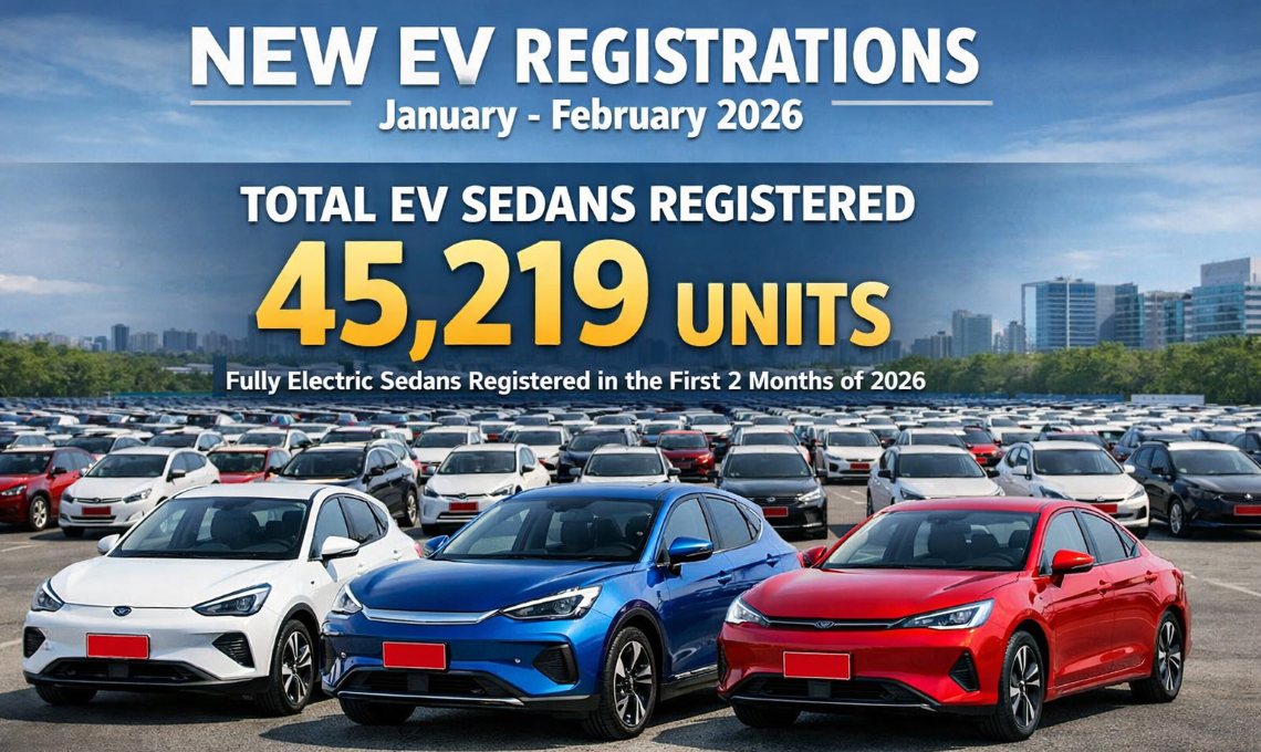 ยอดจดทะเบียนใหม่ป้ายแดงเก๋ง EV 2 เดือนแรกปี 2569 สะสม 45,219 คันแล้ว
