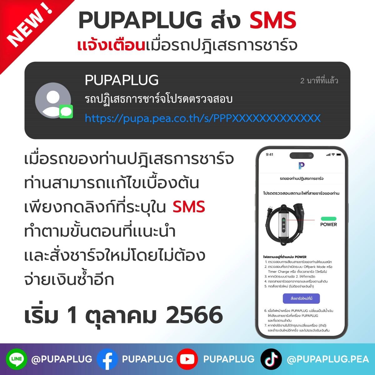 PUPAPLUG เปิดฟีเจอร์ใหม่ รถไม่ชาร์จใน 8 นาที ส่ง SMS เเจ้งเตือน