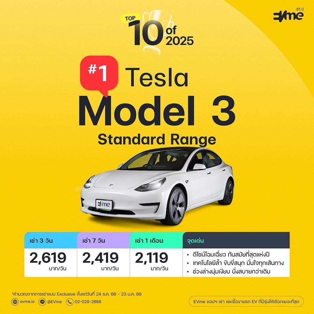 10 อันดับรถ EV ที่มีคนเช่าสูงสุดของ EVme ประจำปี 2025 