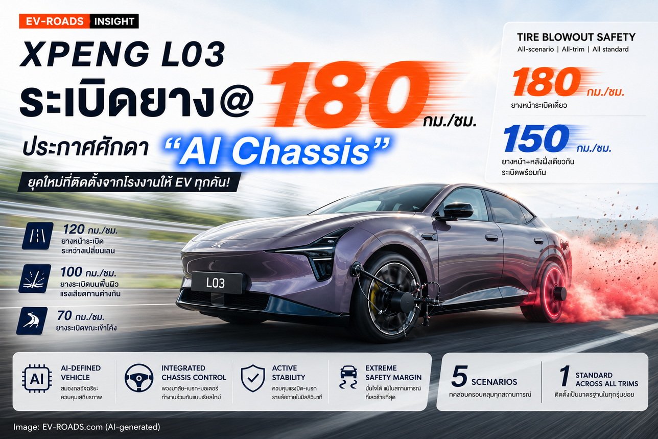 XPENG L03 ทดสอบระเบิดยางที่180 กม.ชม. โชว์ AI Chassis