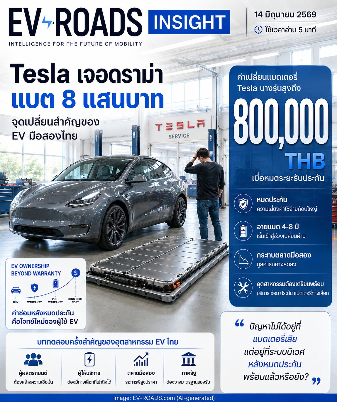 EV-ROADS Insight  Tesla เจอดราม่าค่าแบต 8 แสน