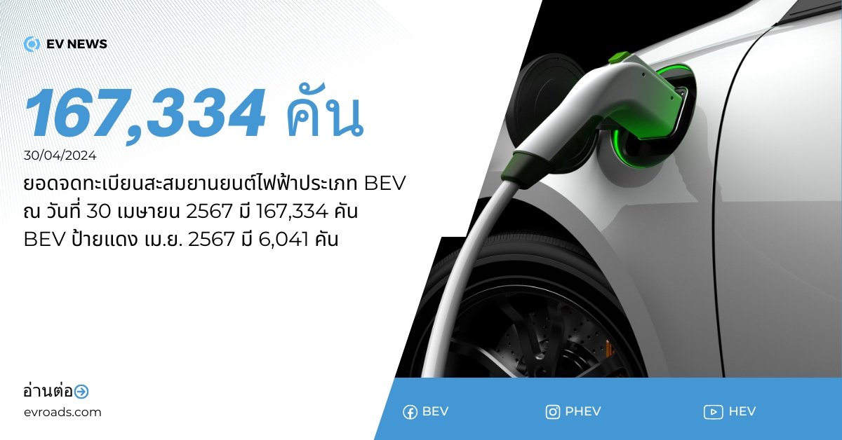 ยอดจดทะเบียนสะสม BEV ในไทย ณ วันที่ 30 เมษายน 2567 