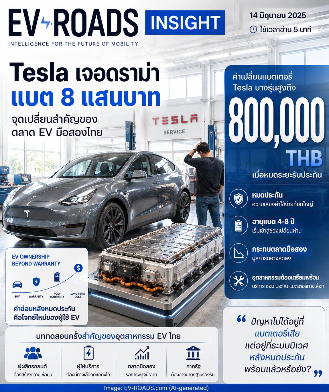 EV-ROADS Insight  Tesla เจอดราม่าค่าแบต 8 แสน