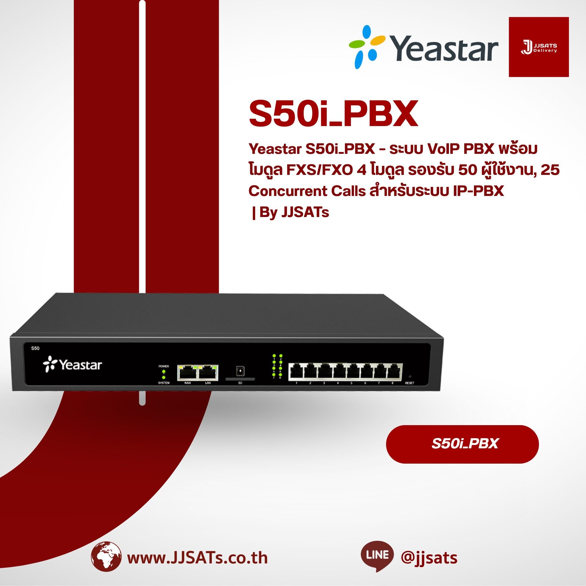 Yeastar S50i_PBX – ระบบ VoIP PBX พร้อมโมดูล FXS/FXO 4 โมดูล รองรับ 50 ผู้ใช้งาน, 25 Concurrent Calls สำหรับระบบ IP-PBX | By JJSATs