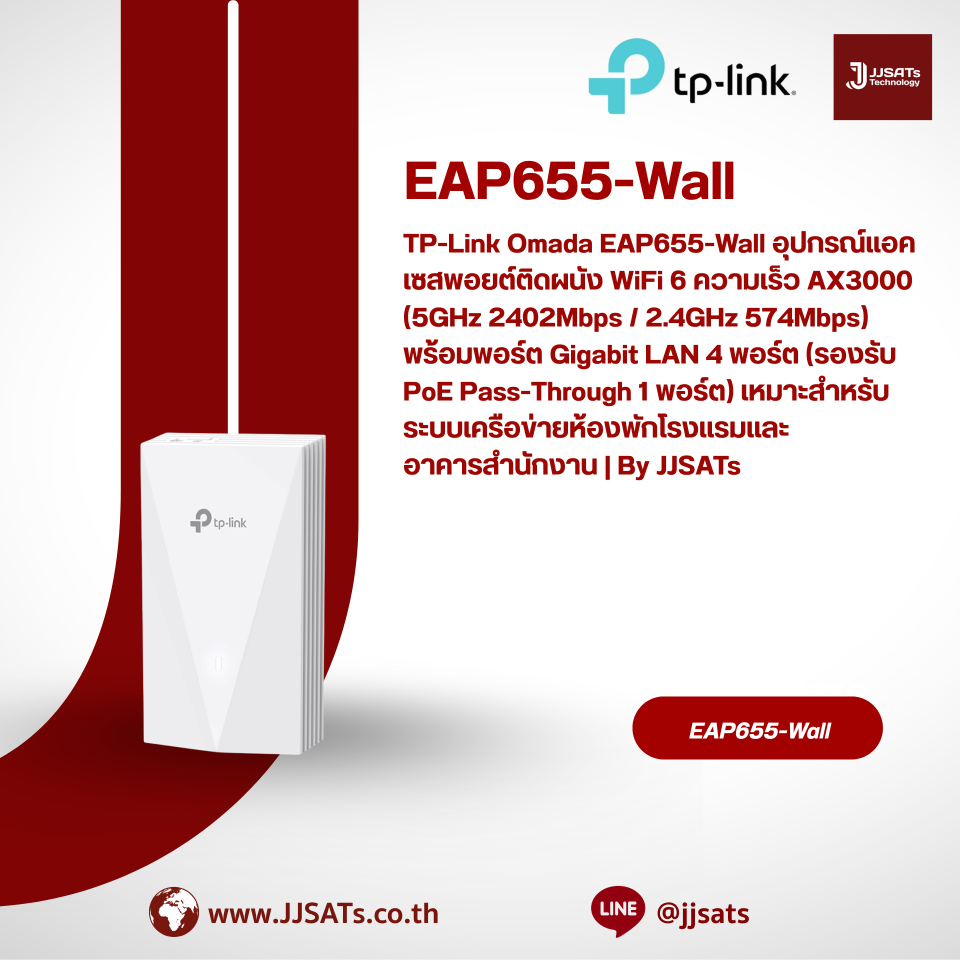 TP-Link Omada EAP655-Wall AX3000 Wall Plate WiFi 6 Access Point (2402Mbps on 5GHz / 574Mbps on 2.4GHz). Features 4 Gigabit Ethernet ports with 1 PoE Pass-Through. Ideal for in-room hospitality and enterprise networks. | By JJSATs