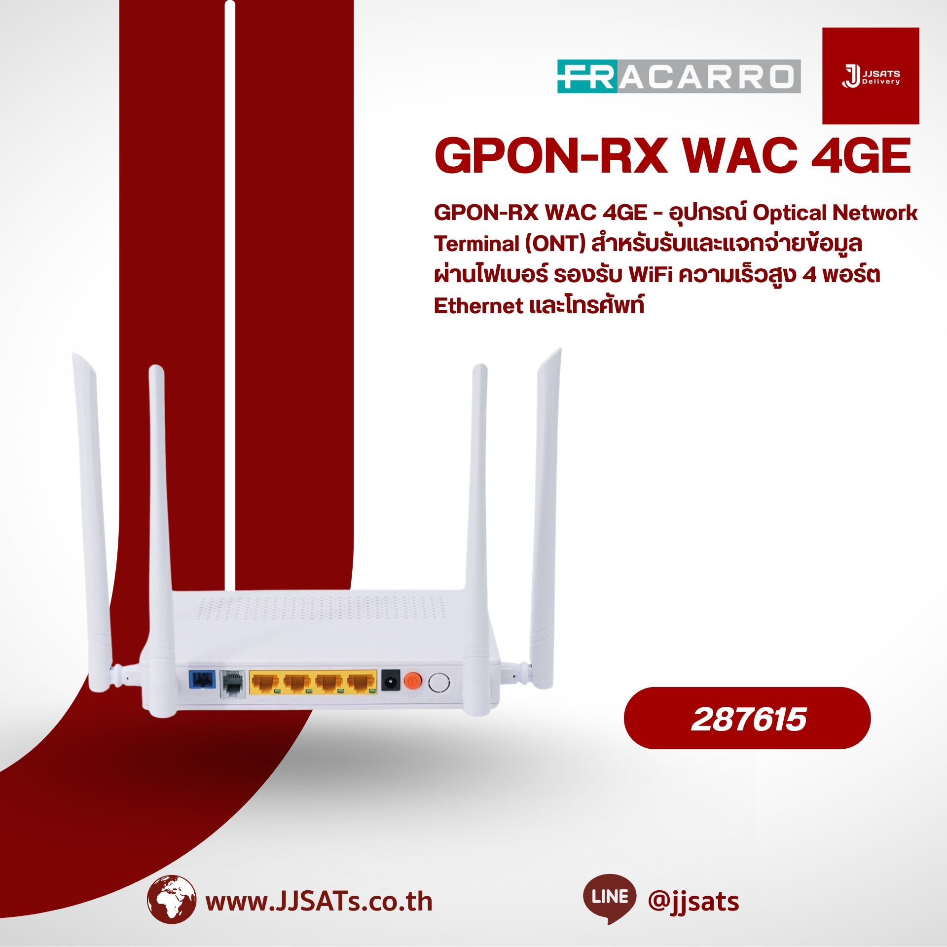 GPON-RX WAC 4GE – Optical Network Terminal (ONT) for High-Speed Data Distribution over Fiber with WiFi, 4 Gigabit Ethernet Ports, and Telephony Support