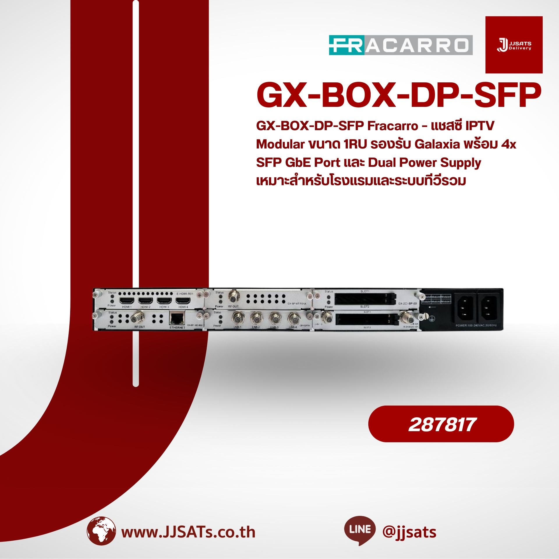 GX-BOX-DP-SFP Fracarro – แชสซี IPTV Modular ขนาด 1RU รองรับ Galaxia พร้อม 4x SFP GbE Port และ Dual Power Supply เหมาะสำหรับโรงแรมและระบบทีวีรวม
