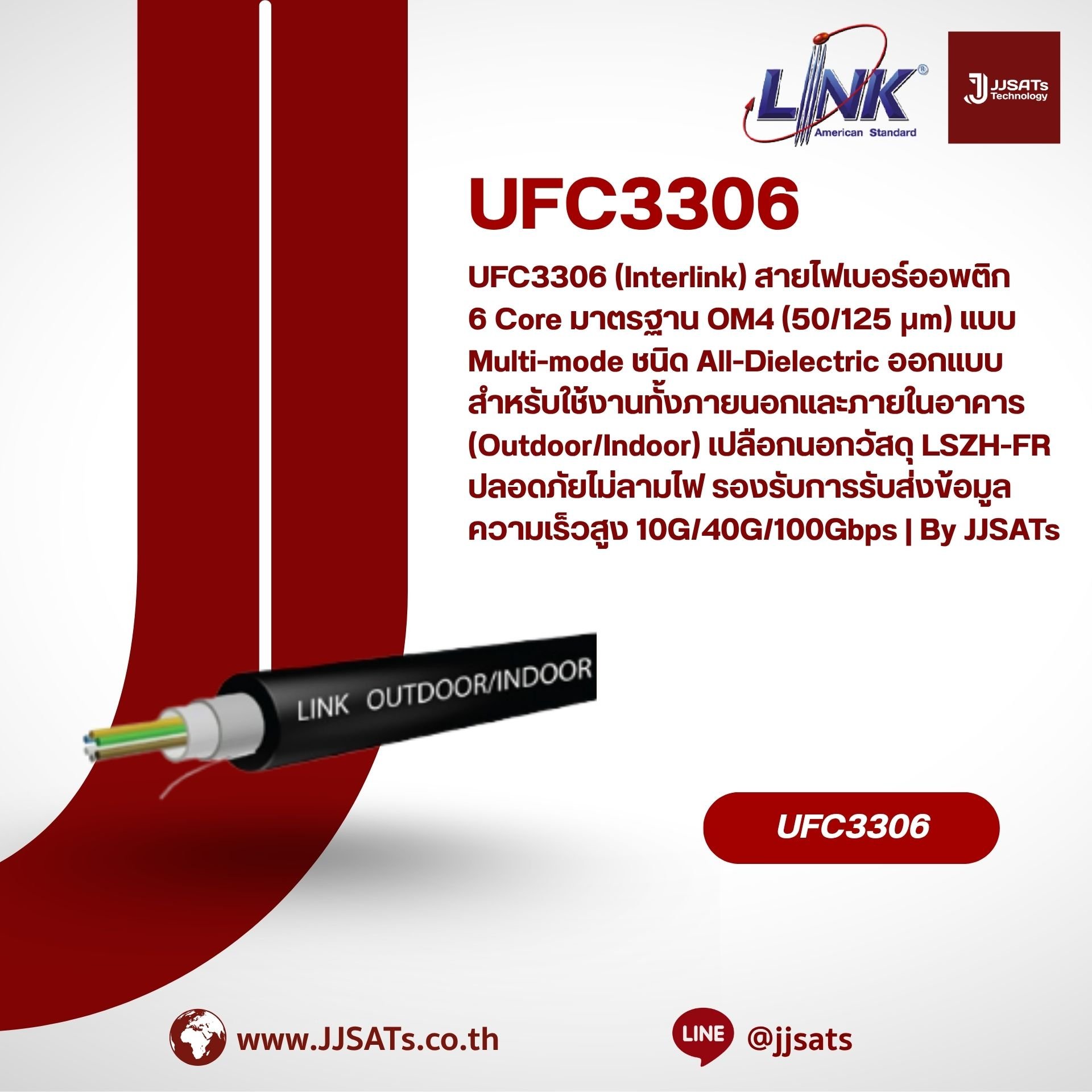 UFC3306 (Interlink) สายไฟเบอร์ออพติก 6 Core มาตรฐาน OM4 (50/125 μm) แบบ Multi-mode ชนิด All-Dielectric ออกแบบสำหรับใช้งานทั้งภายนอกและภายในอาคาร (Outdoor/Indoor) เปลือกนอกวัสดุ LSZH-FR ปลอดภัยไม่ลามไฟ รองรับการรับส่งข้อมูลความเร็วสูง 10G/40G/100Gbps | By 