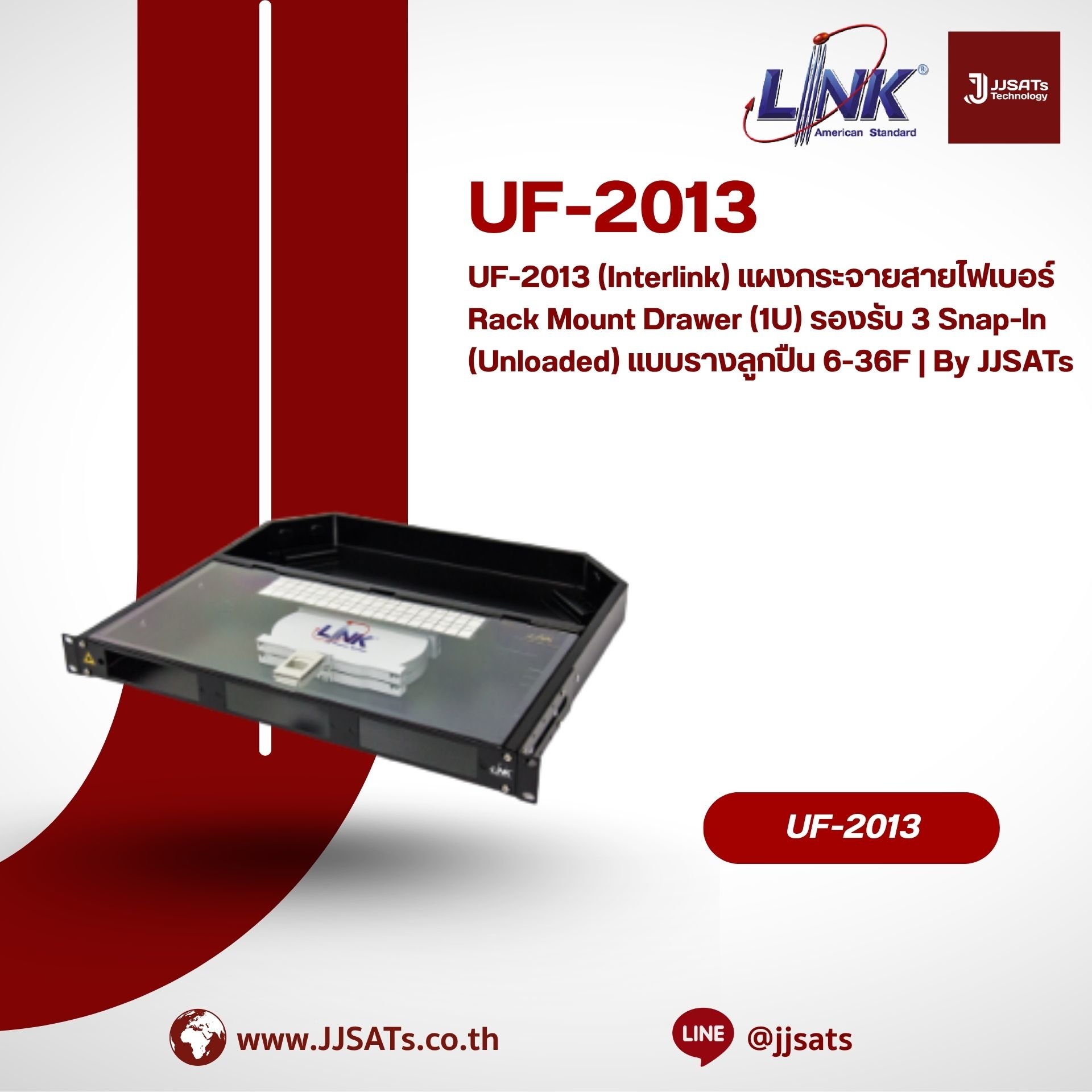 UF-2013 (Interlink) แผงกระจายสายไฟเบอร์ Rack Mount Drawer (1U) รองรับ 3 Snap-In (Unloaded) แบบรางลูกปืน 6-36F | By JJSATs