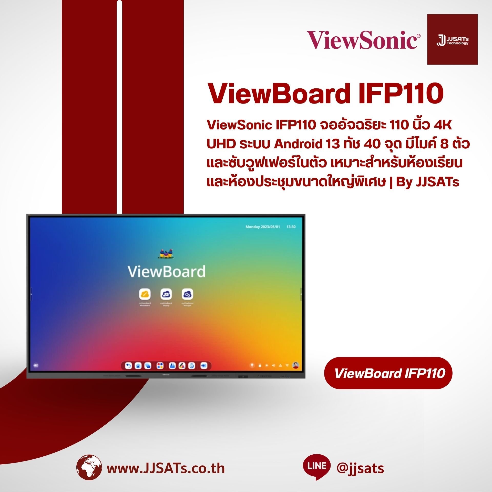 ViewSonic IFP110 110-inch 4K UHD Interactive Display. Powered by Android 13 with 40-point touch, an 8-array mic, and built-in subwoofer. Ideal for extra-large classrooms and lecture halls. | By JJSATs