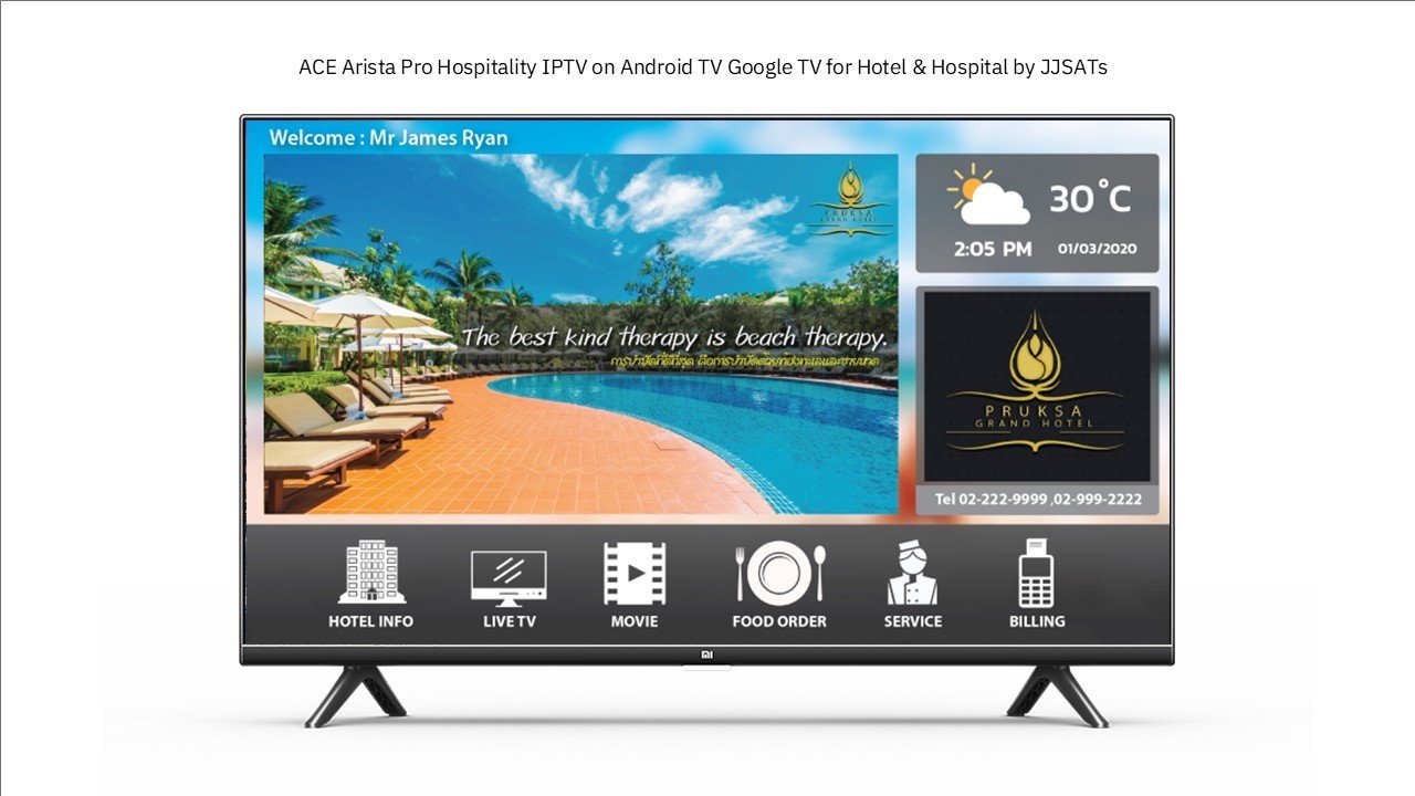 ตัวอย่างหน้าจอต้อนรับระบบ ACE Arista Pro Hospitality IPTV บน Android TV Google TV สำหรับโรงแรมและโรงพยาบาล โดย JJSATS