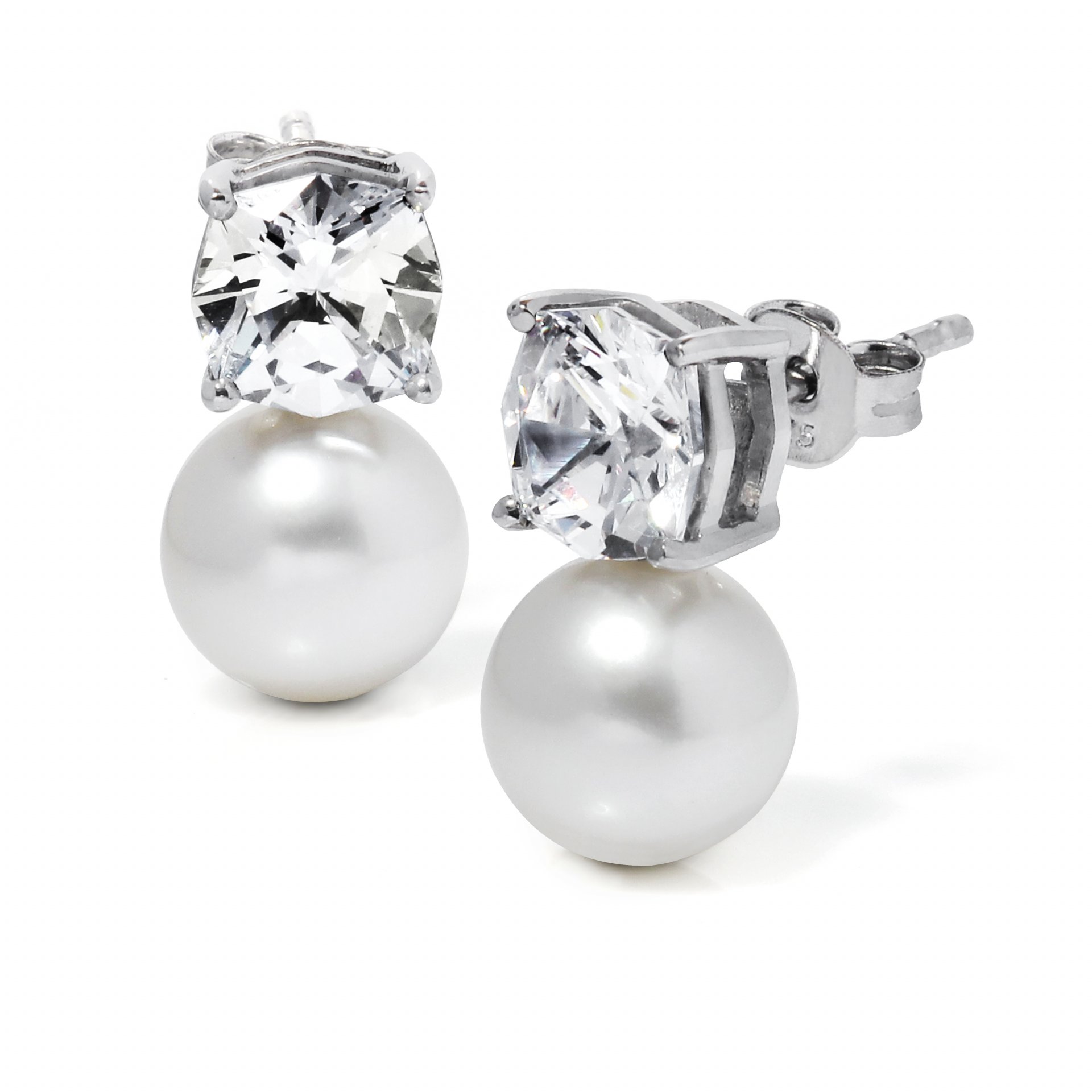 Sterling Silver Rhodium Plated Pearl and CZ Earrings