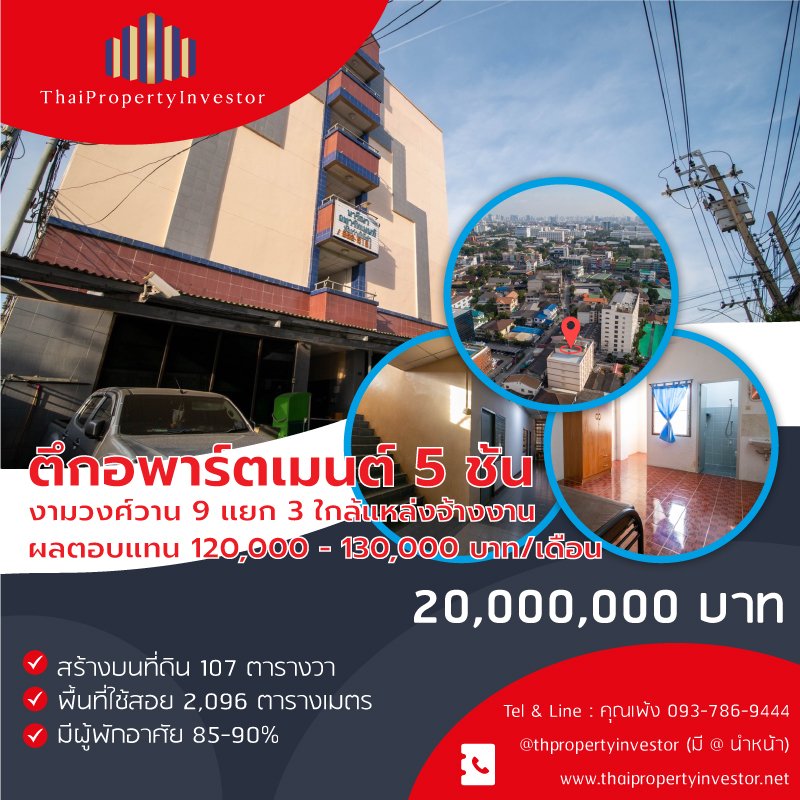 Selling a 5-storey apartment building, totaling 55 rooms, land area 107 square wah, usable area 2,096 square meters, Soi Ngamwongwan 9 Intersection 3, Mueang Nonthaburi District. near the source of employment Bustling community in Nonthaburi area