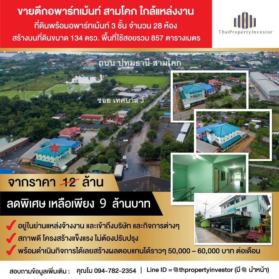 Apartment building for sale, 3storey 28 rooms, 134 sq.wa, Soi Thetsaban 3, Sam Khok District, near Pathum Thani-Sam Khok Road and Lotus Sam Khok Distribution Center!!
