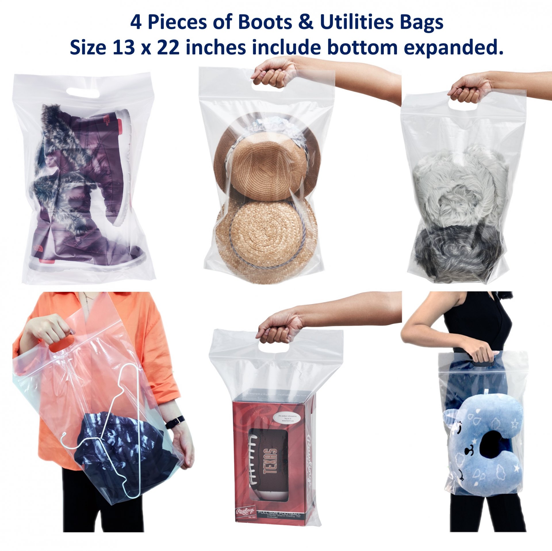 12 pieces of Zipper Heavy duty Clear Plastic Poly Bags Resealable Storage Shoes, Boot, Clothing, Linens, Books, Toys and others, a pleated expandable bottom. (Boot & Utilities Bags)