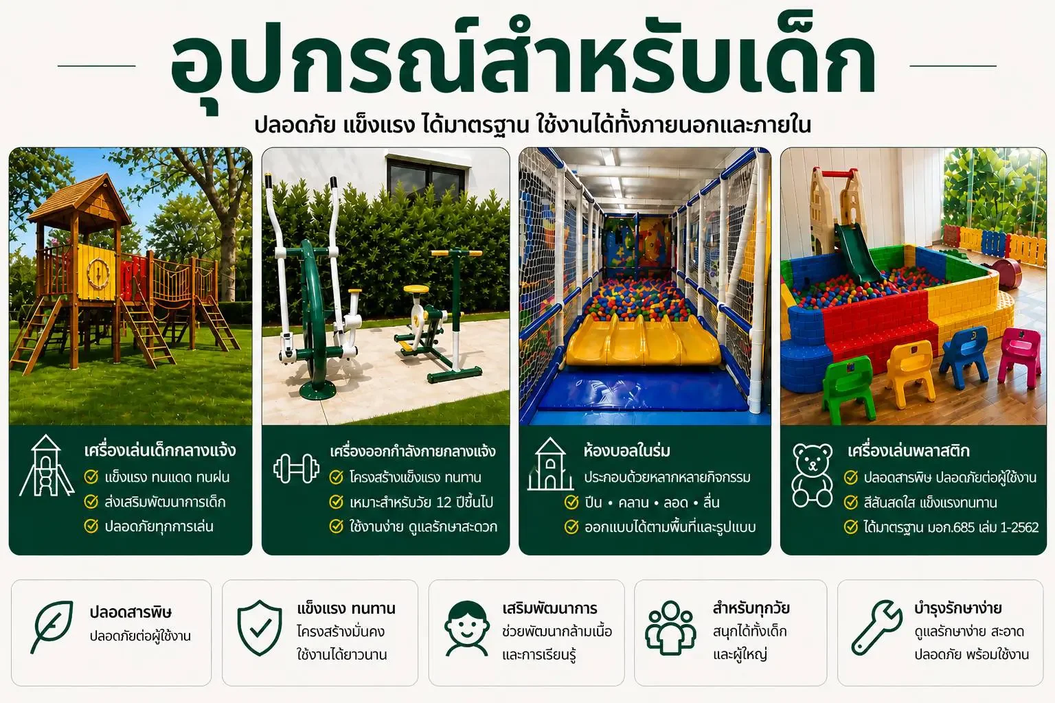 เครื่องเล่นเด็กและอุปกรณ์สนาม แสดงสินค้า 4 กลุ่ม เน้นความปลอดภัย แข็งแรง ได้มาตรฐาน และใช้งานได้ทั้งในและนอกอาคาร