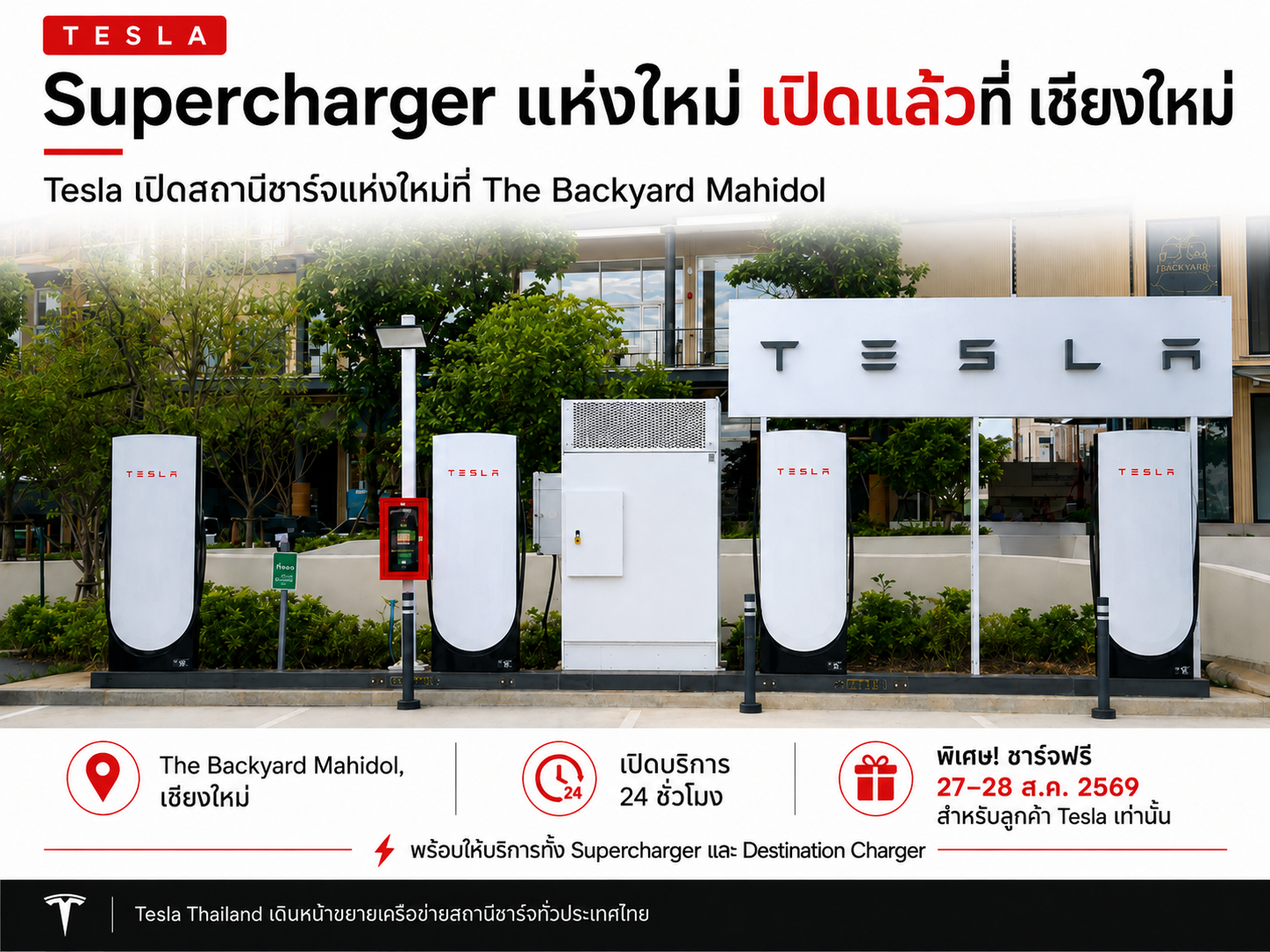 Tesla เปิด Supercharger แห่งใหม่ที่ The Backyard Mahidol เชียงใหม่ พร้อมชาร์จฟรี 27-28 ส.ค. 69