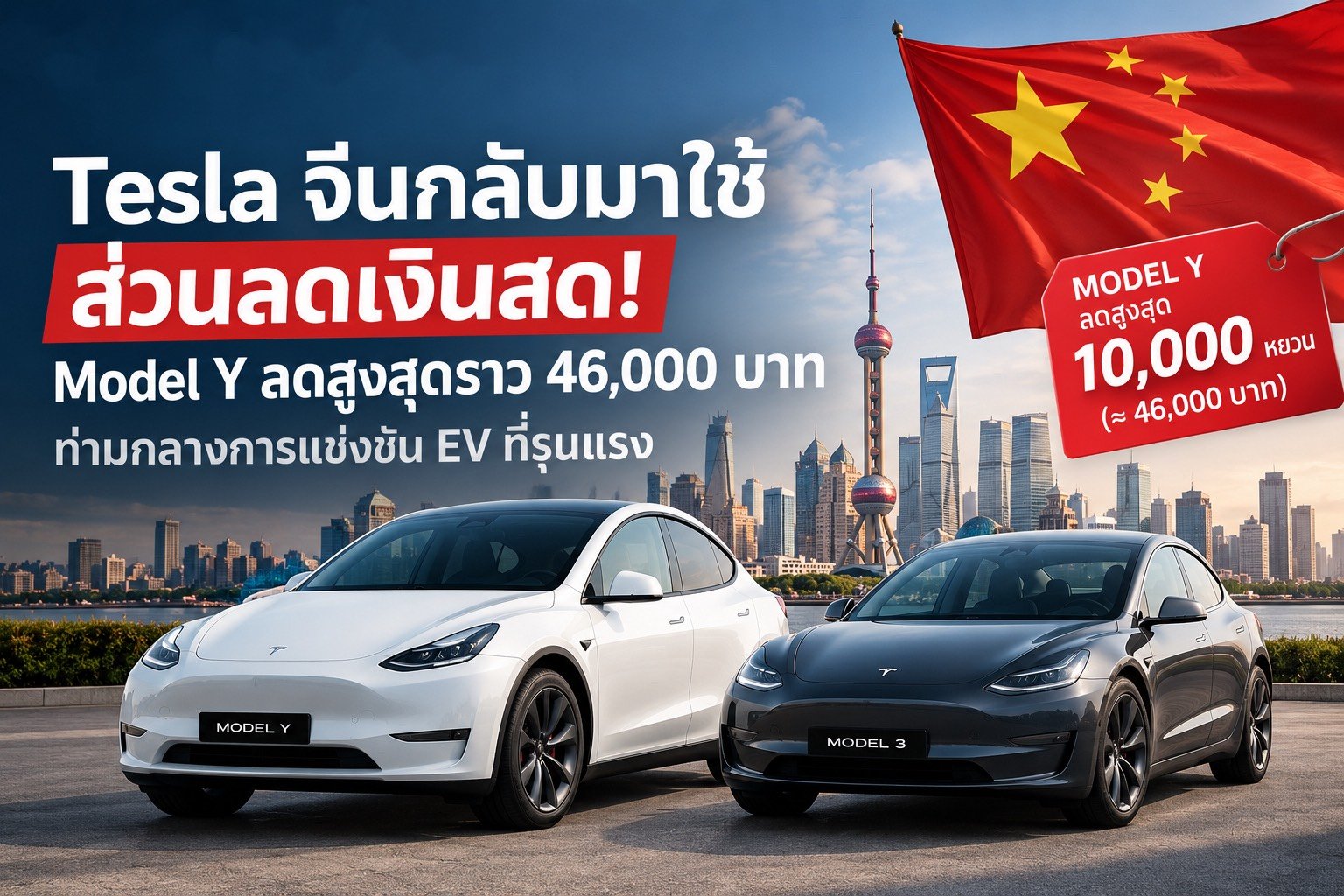 Tesla จีนกลับมาใช้ส่วนลดเงินสด! Model Y ลดสูงสุดราว 46,000 บาท ท่ามกลางการแข่งขัน EV ที่รุนแรง