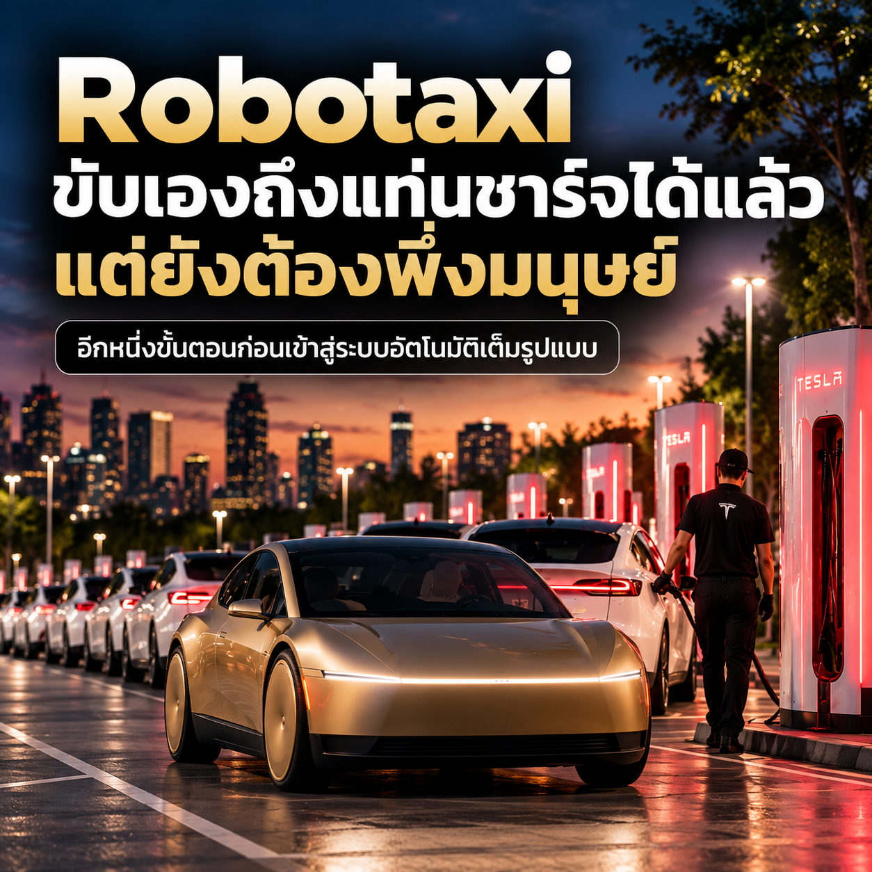 Tesla Robotaxi Drives to Charger, Human Plugs In