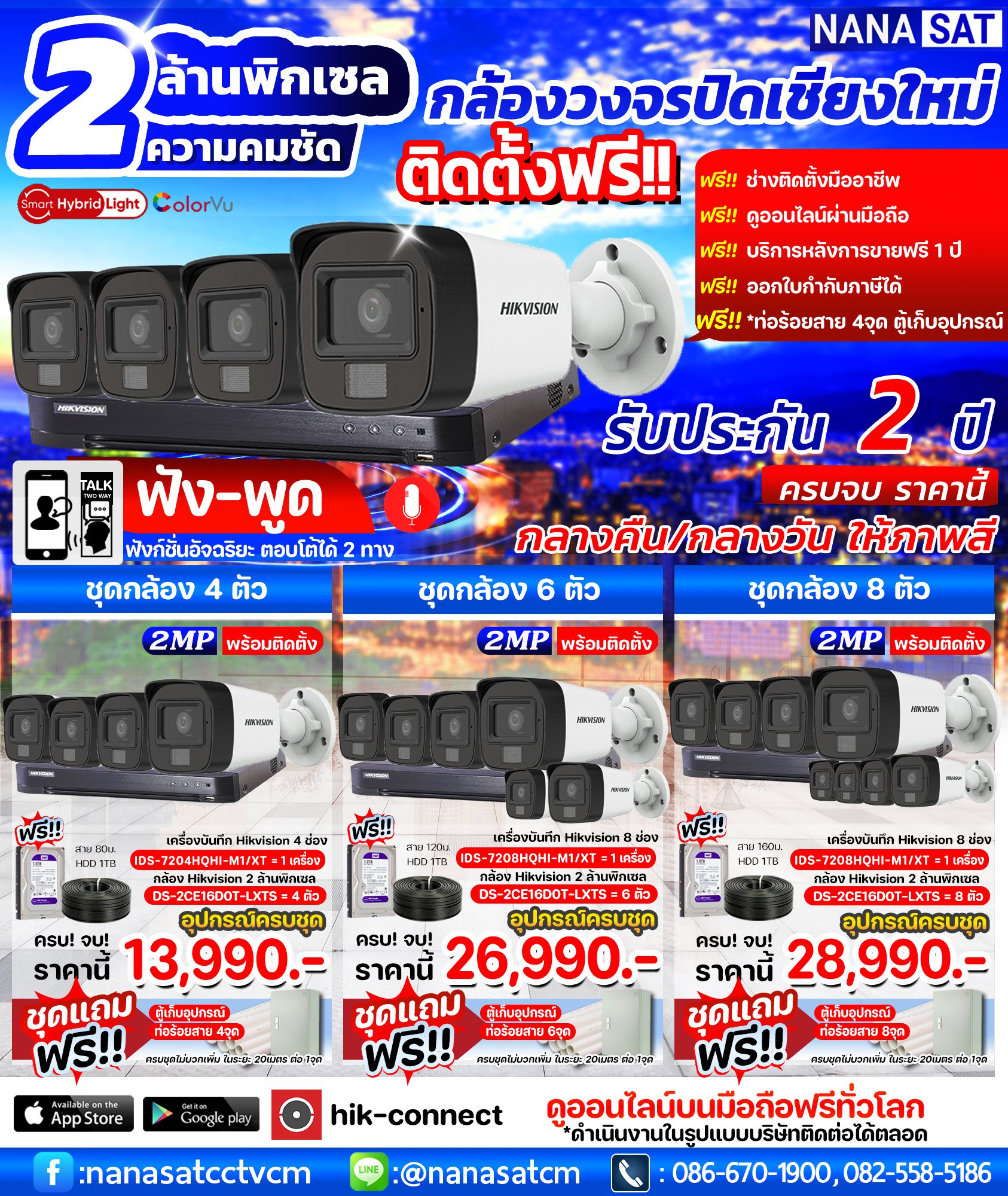 ชุดกล้องวงจรปิด  Hikvision รุ่น DS-2CE16D0T-LXTS 2MP Two Way Audio & Siren Fixed Mini Bullet Camera