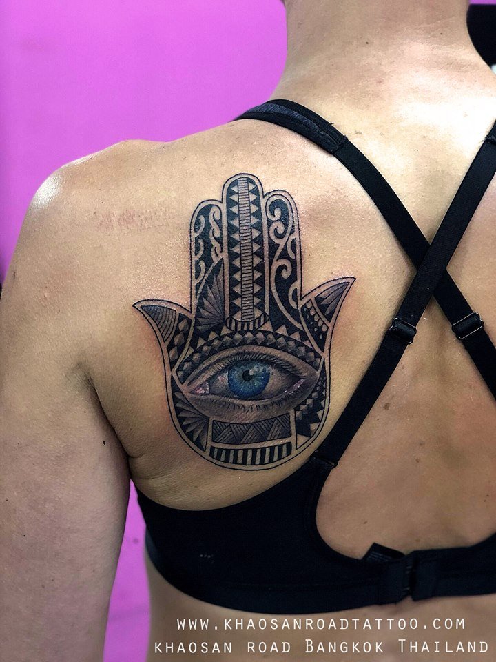 Hamsa tattoo symbolizes the Hand of God. Hand of Fatima. It brings it’s owner happiness, luck, health, and good fortune.