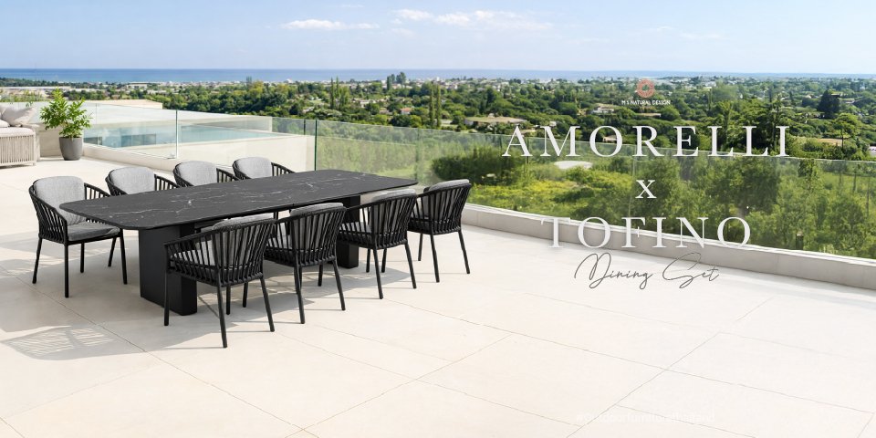 Outdoor dining set Amorelli Black Marble table & Tofino Charcoal chairs