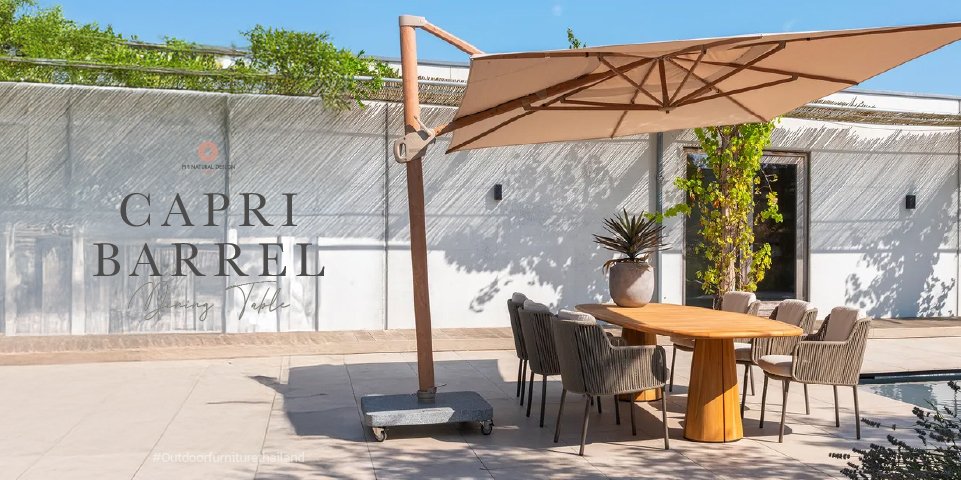 Capri Barrel Dining Table โต๊ะไม้สักแท้ สำหรับสวนและระเบียง | Teak Outdoor Dining Table โต๊ะทานอาหารกลางแจ้ง Capri Barrel วัสดุไม้สักแท้ ฐานทรงกรวย หน้าโต๊ะขอบมน | Capri teak outdoor dining