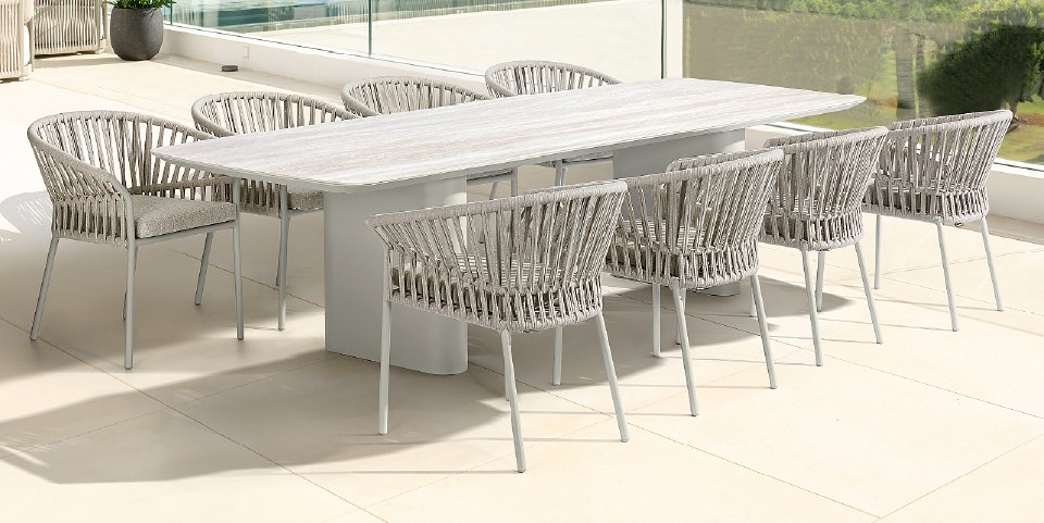 Amorelli x Tofino Dining Set by Jati & Kebon featuring a ceramic-top dining table and Tofino dining chairs in Dune color for premium outdoor dining.