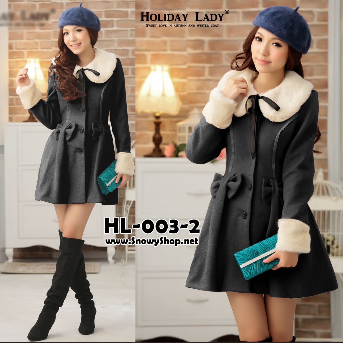  [[*พร้อมส่ง S,M]] [HL-003-2] Holiday lady เสื้อโค้ทกันหนาวสีดำผ้าวูลหนา แต่งโบว์ ปกขนเฟอร์สีขาวสวย เฟอร์ถอดได้ด้วยค่ะ