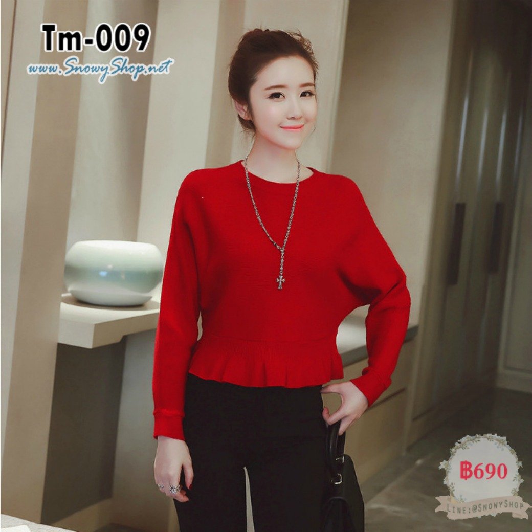  [PreOrder] [Tm-009] เสื้อไหมพรมสีแดงคอกลม ปลายเสื้อเอวจั๊มระบายสวย