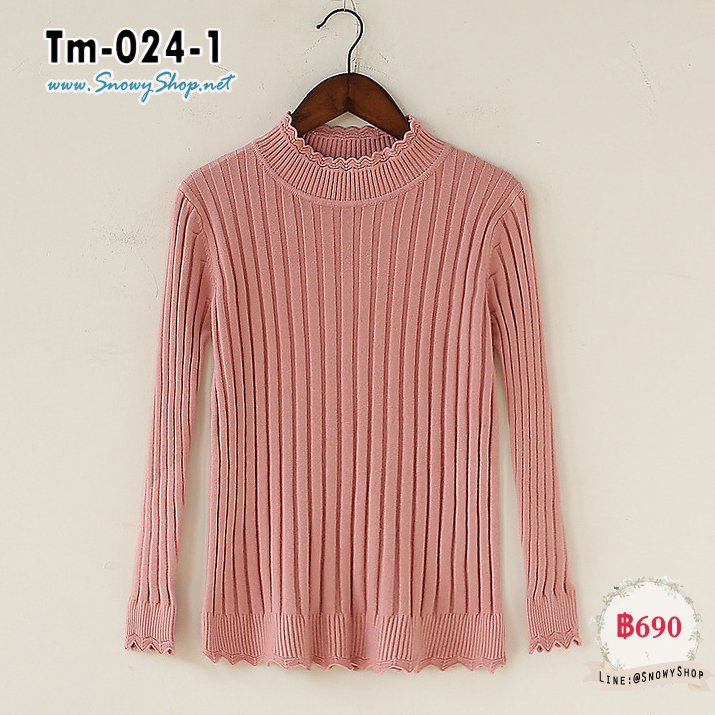  [พร้อมส่ง F] [Tm-024-1] เสื้อไหมพรมคอสูงลายลูกไม้สีชมพู ผ้าหนานุ่มใส่กันหนาว