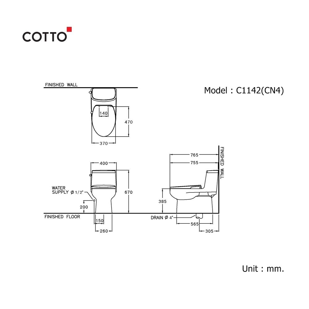 C1142(CN4) สุขภัณฑ์ชิ้นเดียวพร้อมฝารองนั่งอัตโนมัติแบบไม่ใช้ไฟฟ้า รุ่น ...