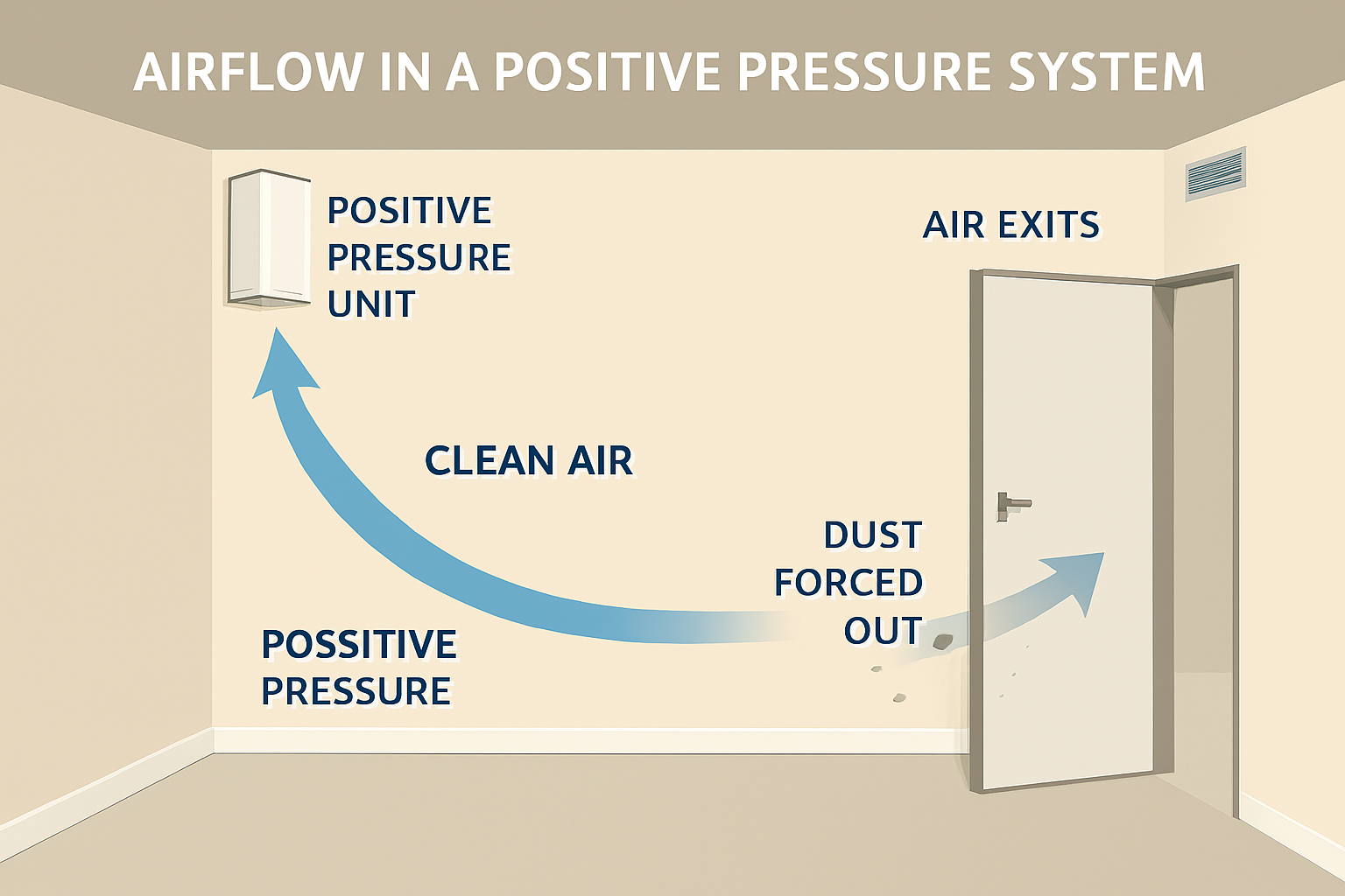 ระบบแรงดันบวก (Positive Pressure System) คือการสร้างแรงดันอากาศภายในห้องให้สูงกว่าภายนอก เพื่อดันฝุ่น