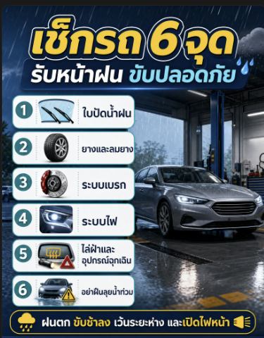 เช็กรถ 6 จุดรับหน้าฝน ขับปลอดภัย ลดโอกาสรถเสียกลางทาง