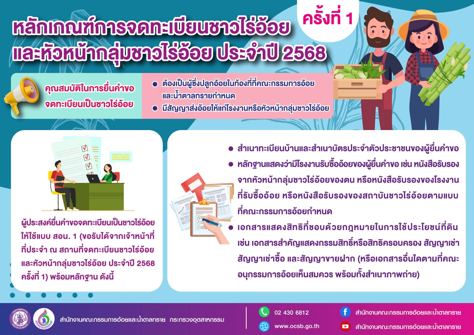 จดทะเบียนชาวไร่อ้อย รับสิทธิประโยชน์ กับ สอน. ถึงวันที่ 31 พ.ค. นี้