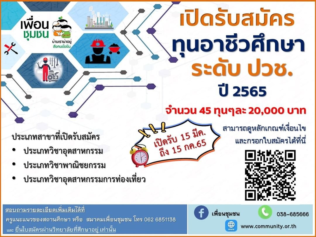 ส.เพื่อนชุมชน เปิดรับเยาวชน 45 ทุนเรียนต่อปวช.ปี 65  สร้างกำลังคนป้อนภาคผลิตรองรับการลงทุนEECต่อเนื่อง