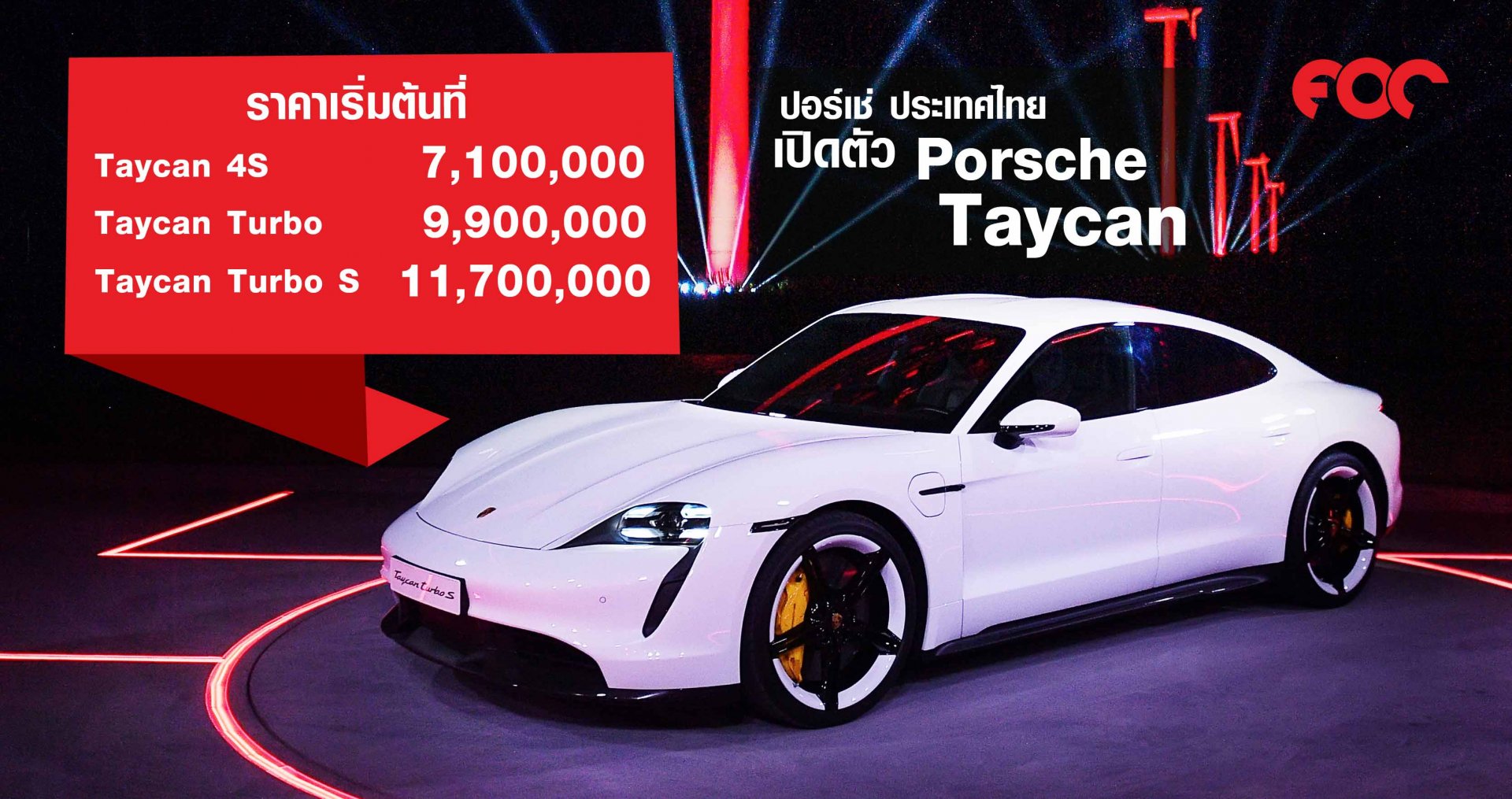 ปอร์เช่ ประเทศไทยเปิดตัว Porsche Taycan อย่างเป็นทางการ ราคาเริ่มต้นที่  7,100,000 บาท ในรุ่น 4S ,ราคา 9,900,000 บาท ในรุ่น Turbo และราคา 11,700,000 บาท ในรุ่น Turbo S