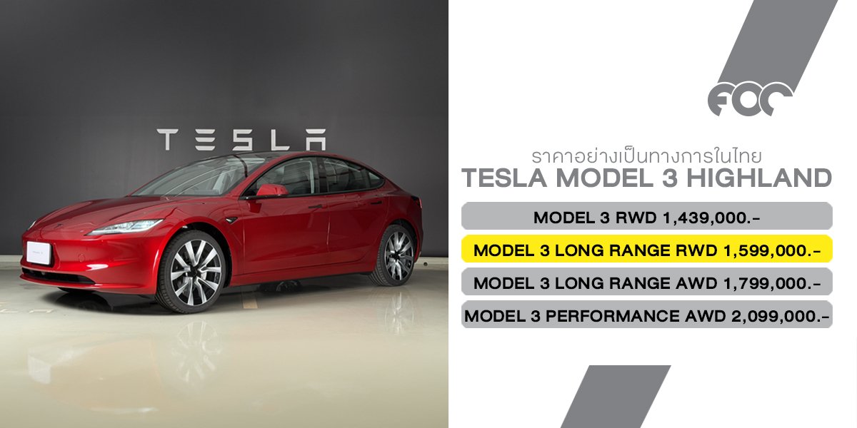 เปิดราคาอย่างเป็นทางการ TESLA Model 3 Highland ในไทย พร้อมเพิ่มรุ่นใหม่ Long Range RWD วิ่งไกลสุด 750 กม. ต่อชาร์จ!