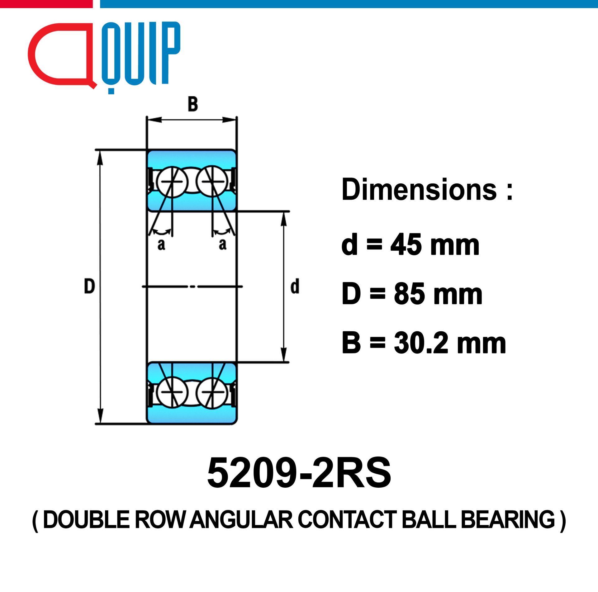 5209-2RS ตลับลูกปืน สัมผัสเชิงมุม 2 แถว แบบฝายาง (DOUBLE ROW ANGULAR ...