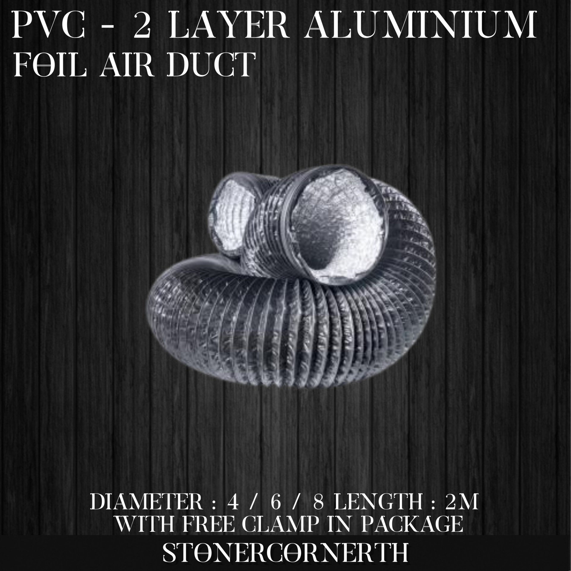 Flexible Air Duct with Double Layer Aluminium Foil 4 Inches - 2 Meters Length With Duct Clamp