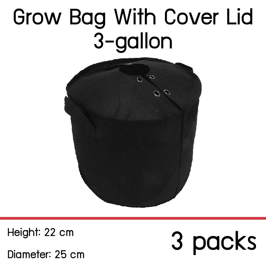 แพ็ค 3! ถุงปลูกต้นไม้แบบผ้า ขนาด 3 แกลลอน สูง 22ซม เส้นผ่าศูนย์กลาง 25ซม พร้อมฝาปิดเก็บความชื้นในดิน Smart Grow Bag 3-Gallon Height 22cm Diameter 25cm Fabric Pot with cover